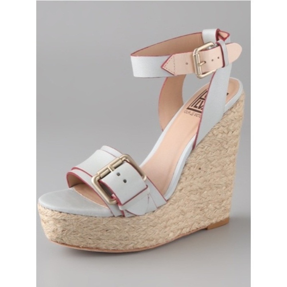 Pour La Victoire Wedge Sandals Ice Blue Red Leather Espadrille Womens 9 NEW